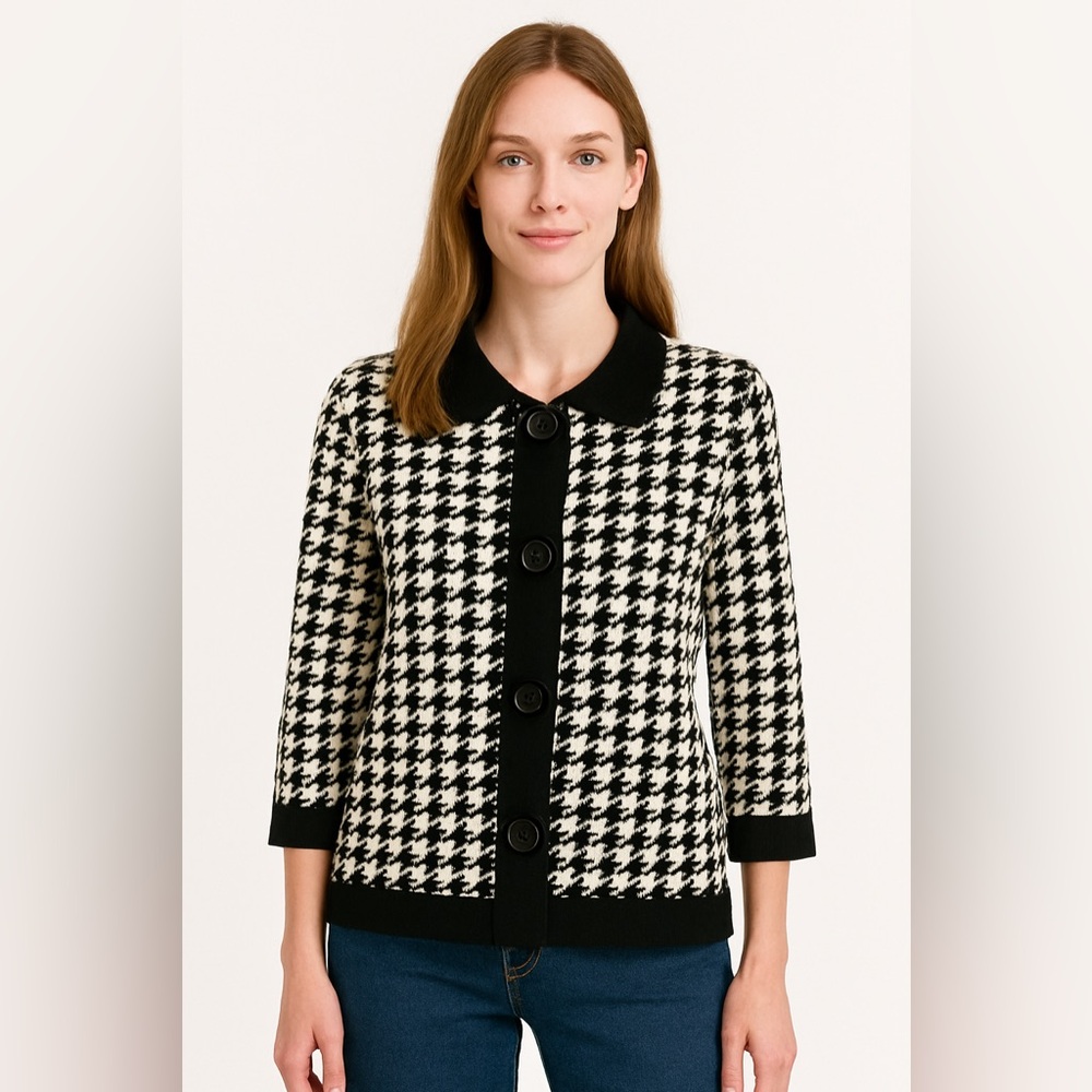 COVINGTON HOUNDSTOOTH CLASSIC PREPPY CARDIGAN SWEATER WOMENS SIZE‎ LARGE